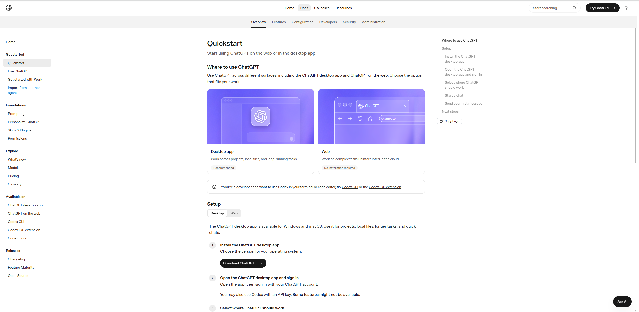 ChatGPT Quickstart 文档页，Setup 区的 Download ChatGPT 按钮