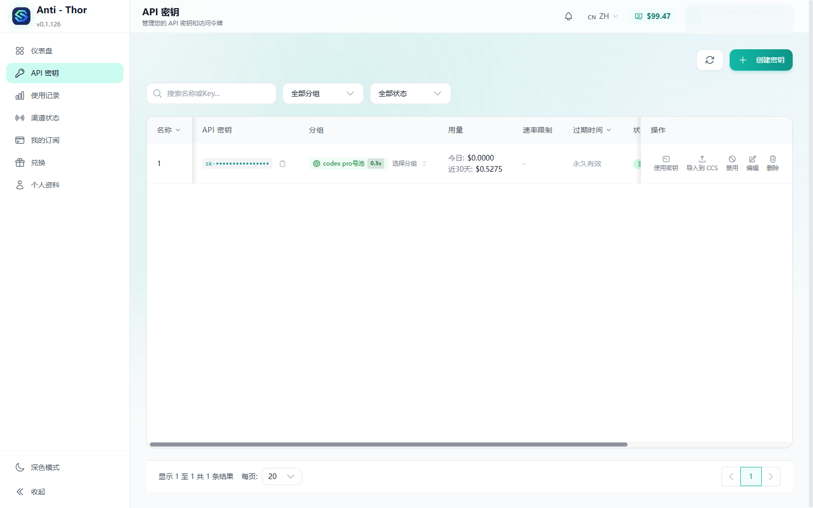 Anti-Thor API 密钥页面