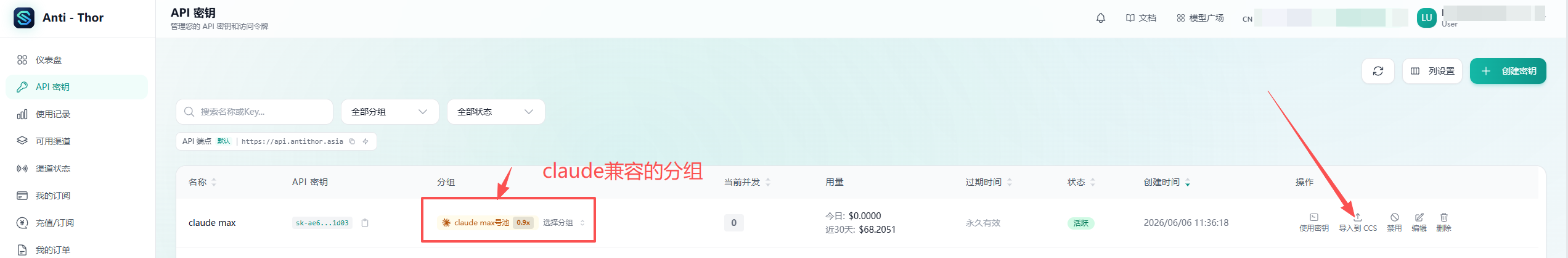 Anti-Thor 后台 API 密钥列表，红色标注指出两处：分组列的 claude max 号池标签标着「claude兼容的分组」，以及最右侧操作列的「导入到 CCS」按钮
